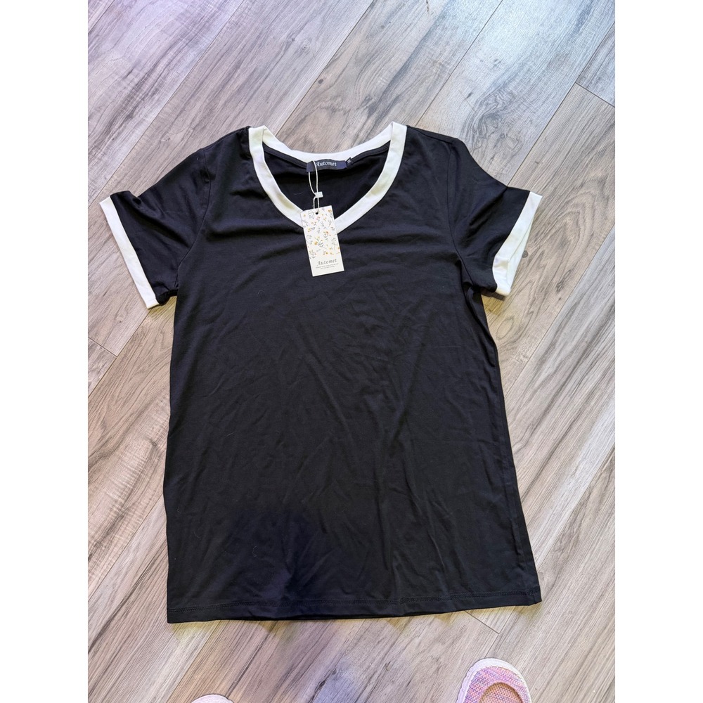 Automet Womens V-Neck Ringer Tee Short Sleeve Black White Size M New